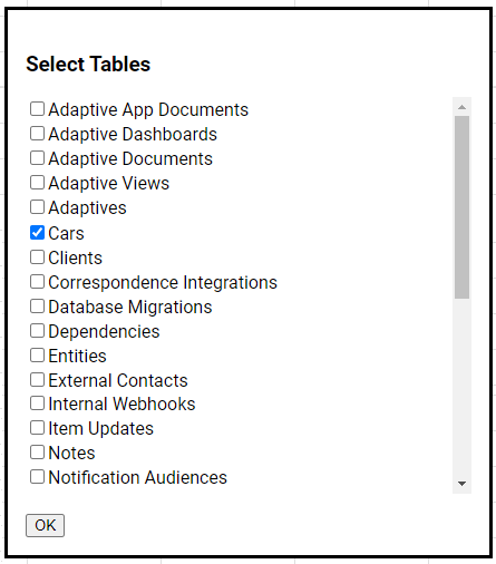 Modal list of tables in the site with checkboxes to select them